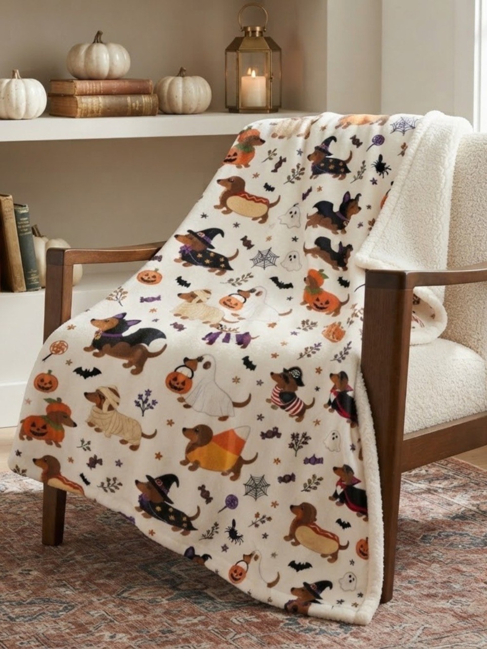 Spooky Halloween Dachshund Sherpa Throw Blanket